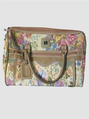 Vintage 80s Leisure Luggage Tapestry Floral & Tan Faux Leather Trim Duffle Bag